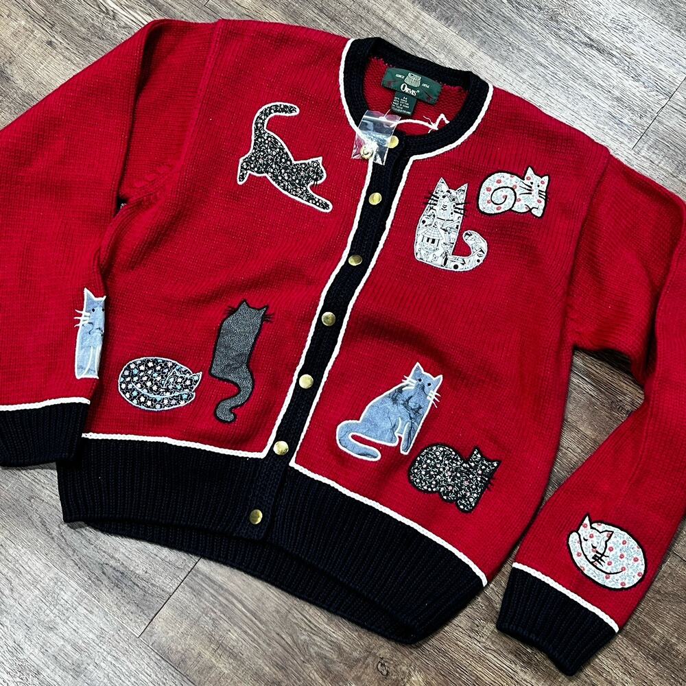 Vintage Orvis Women’s Mediun Red Black Cardigan Cat Applique Granny Cottage